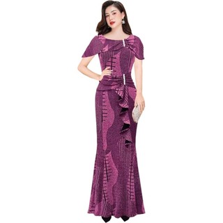 Váy, Đầm dạ hội trung niên cho mẹ U40 U50 kiểu choàng vai dáng đuôi cá phối bèo che bụng vải thun nhũ big size 75kg