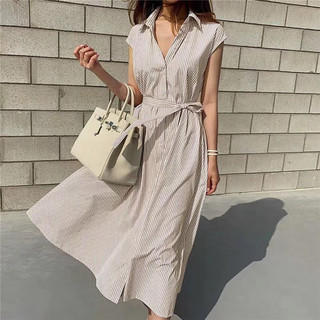 C & M Phong Cách Nữ Hàn Quốc Mới Cao Cấp Sọc Retro Váy Dài Rời