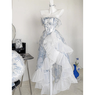 Váy Liền Ống Hoa Nhỏ Màu Xanh Kiểu Pháp Váy Dài Vintage Lolita Cổ Điển Công Chúa Chạy Trốn Mùa Hè Cho Trẻ Em