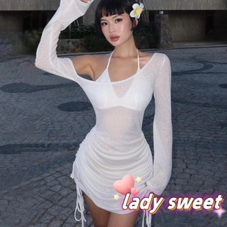 Đầm lệch vai nữ Váy ngắn tay dài có dây rút xếp li