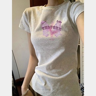 【100% cotton 】Áo baby tee Áo Thun ôm body Áo y2k Dải sau vai in họa tiết thông thường Slim-fit