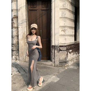 Liasynn Gợi Cảm Tuyệt Đẹp Lưng Sling Đầm Nữ Mùa Hè Ôm Vừa Vặn Hông Gói Váy Chia Hẹp Eo Nguyên Chất Khát Vọng Váy Dài Chia Đầm