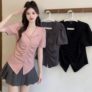 [Mr] [Áo thun Oversize] (40-110kg) Áo sơ mi nữ tay ngắn kiểu Pháp cổ áo trơn cỡ lớn