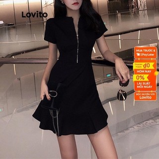 Đầm LOVITO có khóa kéo màu trơn thường ngày dành cho nữ LNA02131 (màu đen)