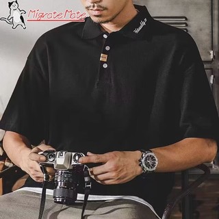 Áo polo phong cách đơn giản kiểu Mỹ màu trơn giản dị dáng rộng tay ngắn nam nữ đường phố retro đa năng