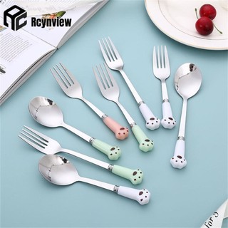 Bộ đồ ăn bằng thép không gỉ 304 Móng vuốt mèo dễ thương Giả thìa gốm nĩa Món tráng miệng Bữa tối tại nhà Bộ đồ ăn