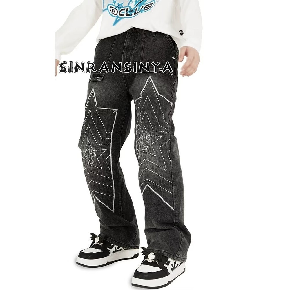 Sinransinya Quần jean nam mới, thời trang cao cấp đường phố cổ điển kiểu Mỹ, thiết kế thêu ngôi sao quỷ cũ, dáng rộng vừa vặn, hip-hop, quần ống thẳng thời trang cặp đôi trẻ trung