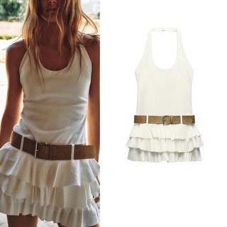 Zara Mùa Hè Phong Cách Mới Tính Khí Ngọt Dây Cổ Tròn Dây Lưng Có Thắt Lưng Lớp Trang Trí Đầm 8342309