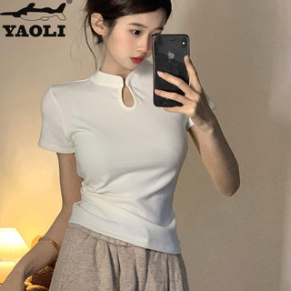 Áo thun nữ phong cách Trung Quốc mới màu trơn Slim Fit thẳng vai đứng cổ áo tay ngắn