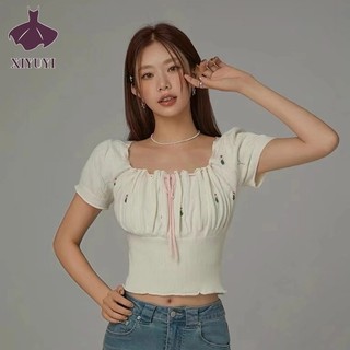 Xiyuyi Áo thun nữ phong cách mới tay phồng ngọt ngào xếp li mỏng vừa vặn