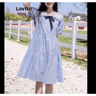 Đầm Lovito màu trơn phối nơ cài nút phía trước phong cách thường ngày cho nữ LNA52026