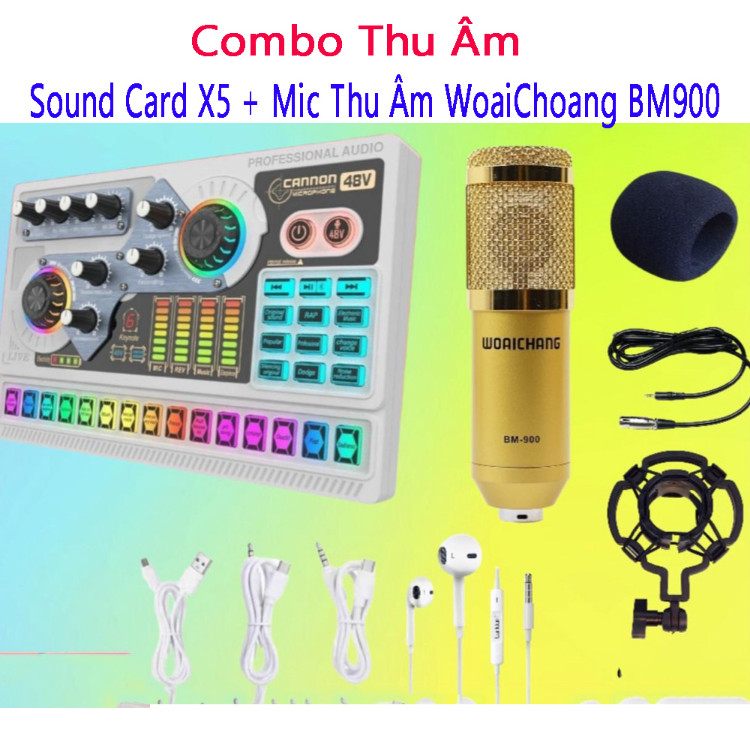Combo Thu Âm Livestream Sound Card X5 Mic Thu Âm WoaiChoang BM900 Chuyên Hát Livestream Karaoke Auto