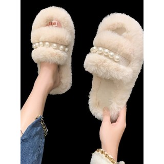 Dép lông nữ xu hướng Ins cho mặc ở nhà và ngoài trời, thời trang xuân thu mới, dép cotton đế dày có hạt