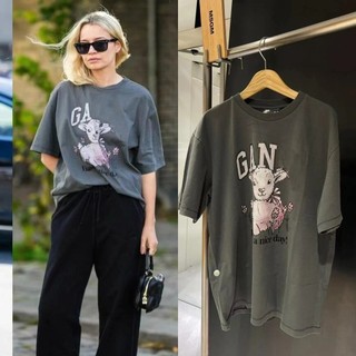 GANNI 24Early Spring New Volcanic Gray Lamb Digital Printing Loose round Neck Loose Short Sleeves CottonTT-shirt