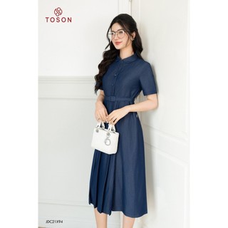 Đầm bò xanh than xếp ly, cổ đức JDC21X94 - TOSON