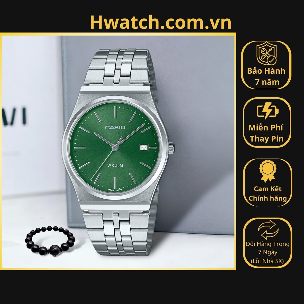 [Có sẵn] [Chính hãng]  Đồng Hồ Nam Casio Pin MTP-B145D-3AVDF Dây Thép Vỏ Trắng Mặt Xanh Lá HwatchAut