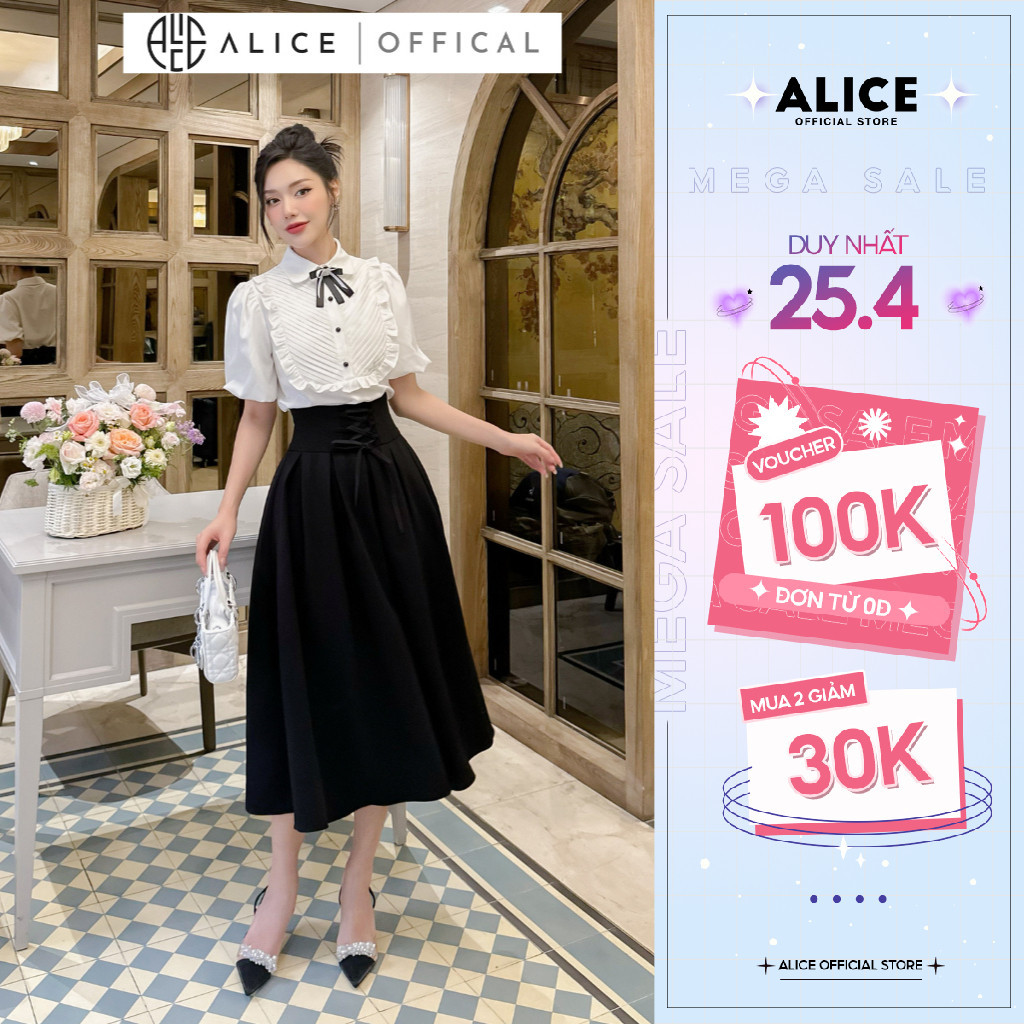 Set Áo Sơ Mi Chân Váy Dài ALICE Đồ Công Sở Tay Phồng Xếp Ly Ngực Kèm Chân Váy Cạp Cao Xòe Bồng Phong Cách Công Sở S296