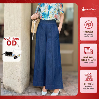  - Quần Nữ Suông Ống Rộng Ly Gân Eo Bo Thun Bản To Cạp Cao Túi Rộng Chất Vải Jean Wash Swanlake - Q11402