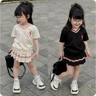 Sét váy ngựa cổ tim xếp li dành cho bé gái từ 9-35 kg áo chữ V họa tiết ngựa thêu chân váy xòe