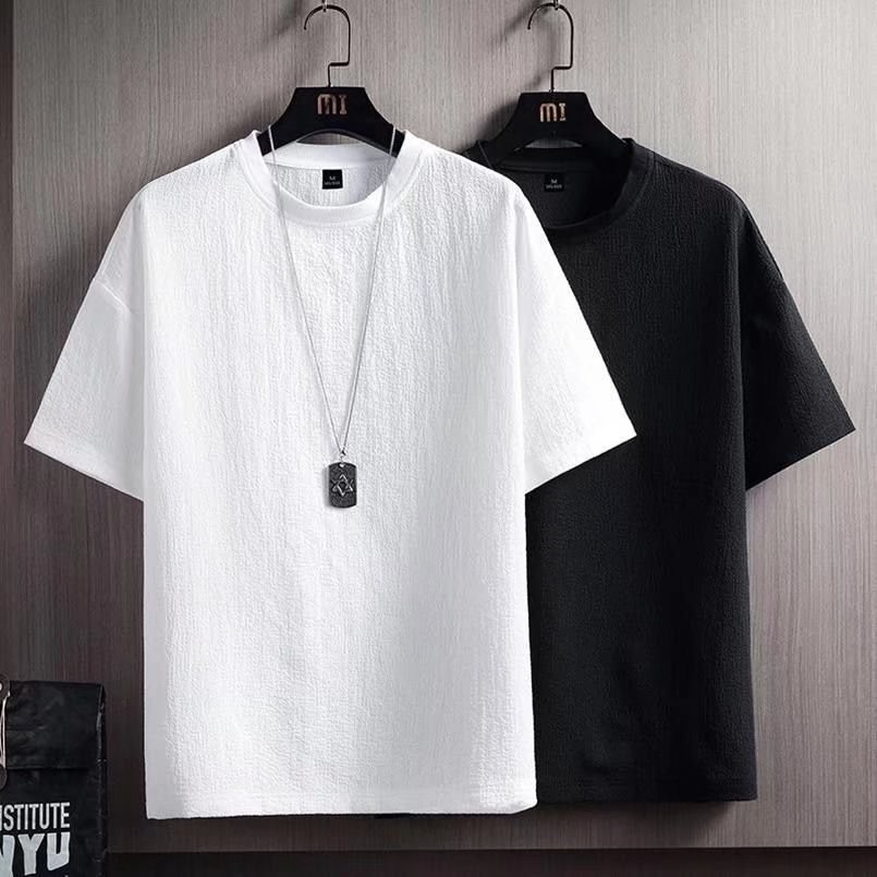 Áo thun ngắn tay bằng vải lanh Áo sơ mi nam rộng rãi Tay ba phần tư màu trơn