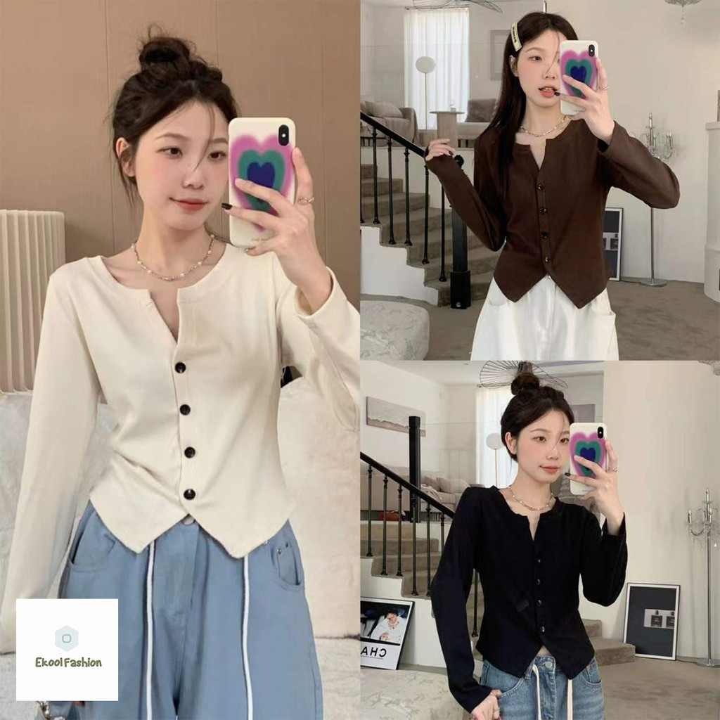 Áo sơ mi dài tay nữ Ekool Áo len có nút phía trước mềm mại Vải Cotton không quá dày mỏng thoải mái k