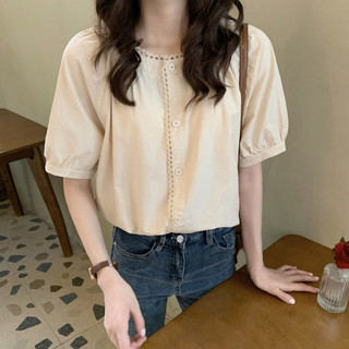 Áo sơ mi ngắn tay dáng rộng kiểu Pháp Retro mùa hè 2024 Áo sơ mi ngắn tay cổ tròn ren mới đa năng giản dị và ngọt ngào Áo sơ mi trắng QRV3