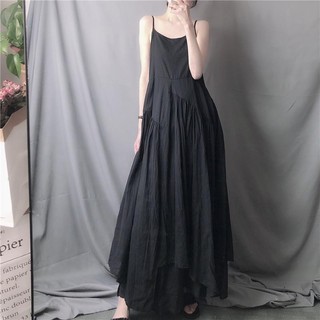 Đen Siêu Dài Không Đều Lớn Xoay Sling Đầm Văn Học Tươi Phong Cách Mùa Hè Phiên Bản Hàn Quốc Sang Trọng Đầm Dài
