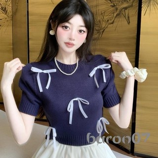 Phụ Nữ Cơ Bản Nơ Dễ Thương Áo Thun Thường Ngày Mùa Hè Đan Áo Tay Ngắn Cho Dạo Phố Thẩm Mỹ Quần Áo Grunge