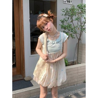 Sinsingirl Mint Toffee Đầm Mùa Hè Phù Hợp Với Trọn Bộ Màu Be Chấm Bi Đầm Sling + Màu Xanh Bên Trong Top