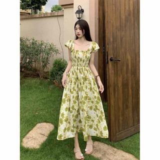 Đầm Hoa Tính Khí Pháp Cho Nữ Mùa Hè Tay Ngắn Cổ Vuông Retro Đa Năng Chữ A Midi Váy Dài