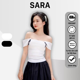 SARA Áo Cổ Vuông Trễ Vai Gắn Nơ Co Dãn Ôm Body Croptop Xinh Đẹp Mặc Mùa Hè Women Summer Mã TD077