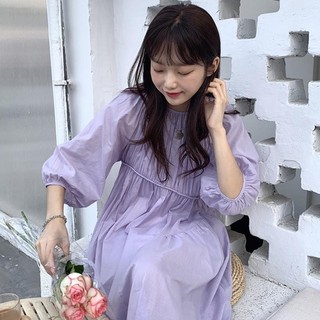 Phong Cách Mới Nhẹ Nhàng Váy Dài Mối Tình Đầu Kiểu Pháp Váy Liền Tay Phồng Màu Tím Dáng Dài Mỏng Mùa Hè