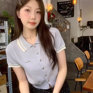 Yuewen Quần Áo Nữ Preppy Áo Len Tay Ngắn Ôm Hơn Nhìn Sang Trọng Top