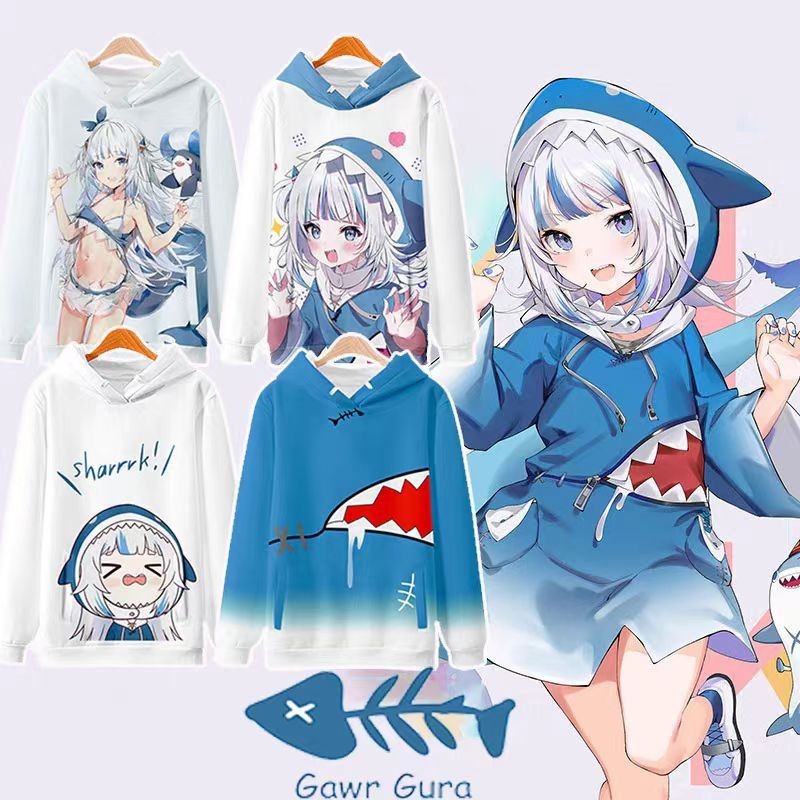 Anime Gawr Gura Cosplay 3D In Dây Kéo Áo Unisex Bông Tai Kẹp Thường Ngày Bốn Mùa Dây Kéo Có Mũ Trùm 