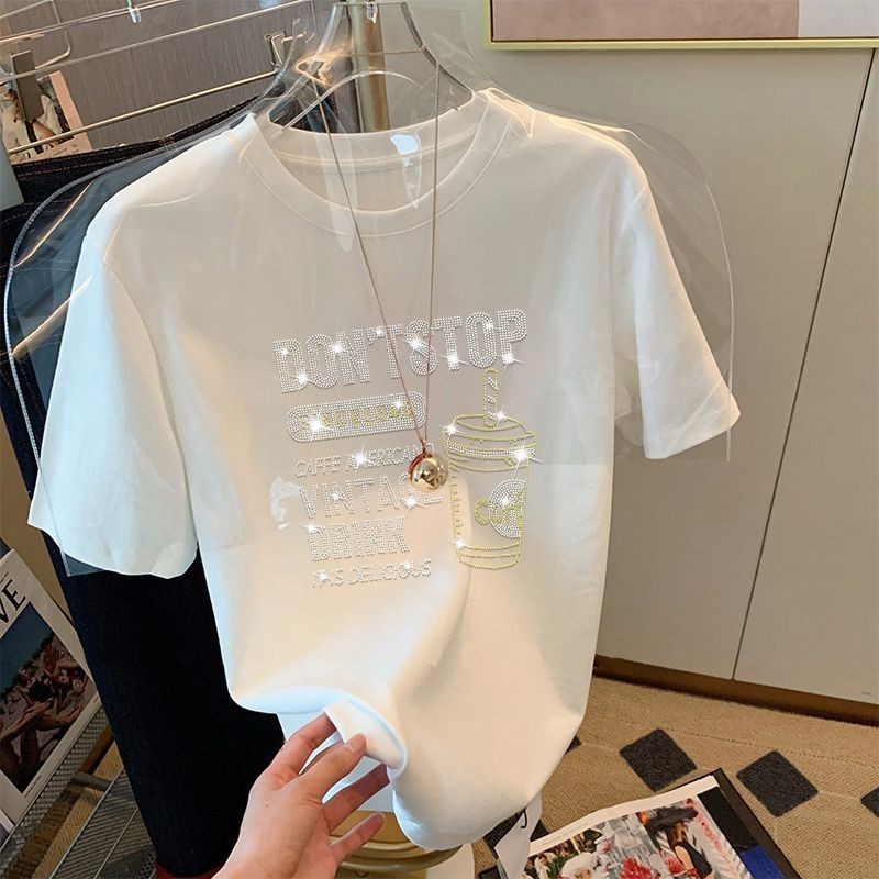Mùa hè Phong cách mới dành cho nữ Công nghiệp nặng Hot-Industry Cotton nguyên chất Áo thun nữ tay ngắn màu trắng Áo thun dáng rộng bán chạy cổ tròn đính kim cương