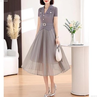 Nếp Nhăn Mùa Hè 2024 Mới Eo Giảm Béo Phù Hợp Với Cổ Áo Tay Ngắn Màu Trơn Dress-2024-06-18