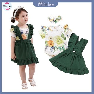 Mikrdoo Bộ áo liền quần tay ngắn +Treo váy + băng buộc đầu Bộ quần áo 3PCS cho bé gái 0-18 tháng