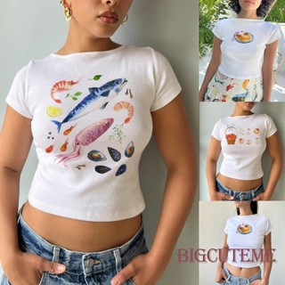 [] -Áo Crop top nữ in hình cá ngắn tay cổ tròn thường ngày mùa hè Slim Fit Baby Tee