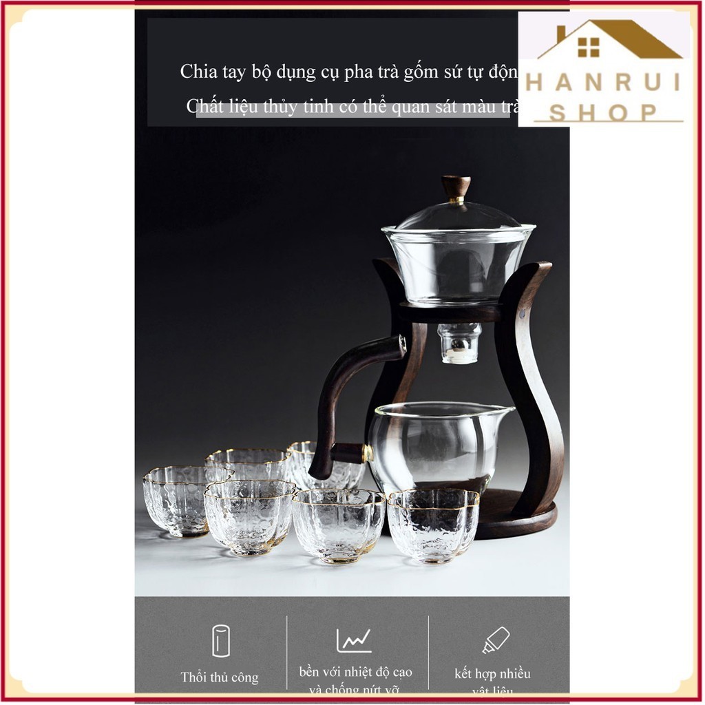 Bộ dụng cụ bình trà đạo và 6 ly thuỷ tinh Cao Cấp BOROSILICATE & WOOD 6cup