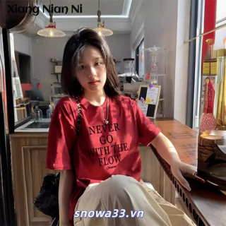 Xiang Nian Ni Phong Cách Hàn Quốc In Hình Màu Đỏ Niche Áo Thun Tay Ngắn Nữ Dáng Rộng Vai Cổ Tròn Top
