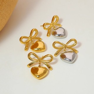 S925 bạc kim retro tính khí bông tai trái tim tình yêu đào trái tim nơ bông tai nữ dễ thương ngọt niche pháp bông tai