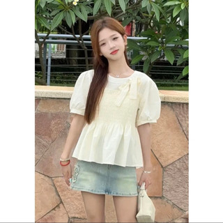 Áo sơ mi nữ Áo sơ mi bong bóng xếp li nơ ngọt ngào và dễ thương