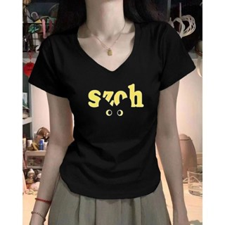 【100% cotton  Áo baby tee nữ thun ôm body y2k Áo khoác lệch vai in đen đơn giản