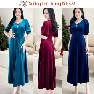 Đầm nhung maxi dáng dài dự tiệc trung niên tặng mẹ đính dây đá sang trọng - GR296 (Hình thật shop chụp)