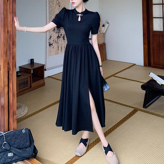 Sixty-eight🎀Váy Trung Quốc Mới Phong Cách Trung Đen Chia Dài Váy Ngắn Tay NVZA175