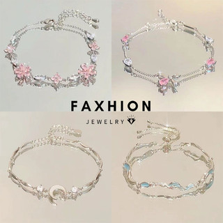 Faxhion Thanh Lịch Màu Hồng Pha Lê Nơ Có Thể Điều Chỉnh Vòng Tay Nữ Bạc Mặt Trăng Dây Xích Phụ Kiện Trang Sức
