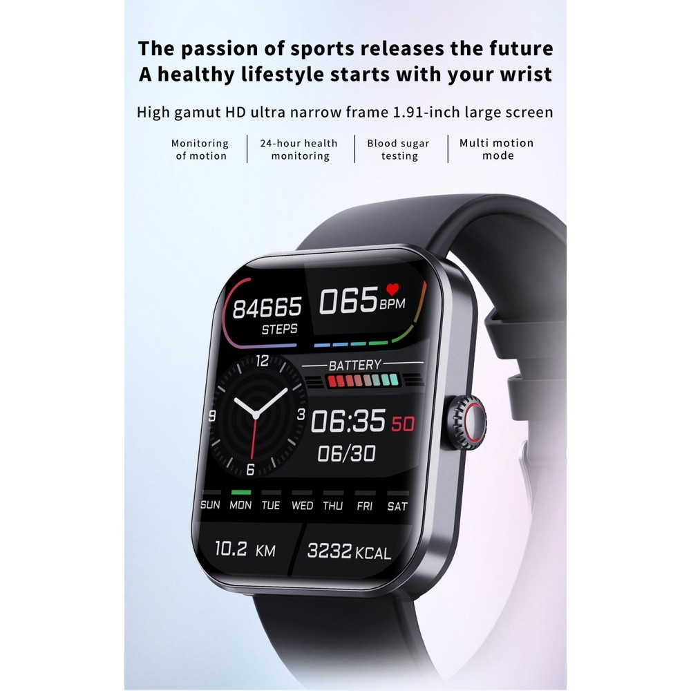 Đồng hồ thông minh 1.9 inch Theo dõi đường huyết Chống nước Tương thích Bluetooth Kiểm tra đường huyết Đồng hồ thể thao để theo dõi sức khỏe