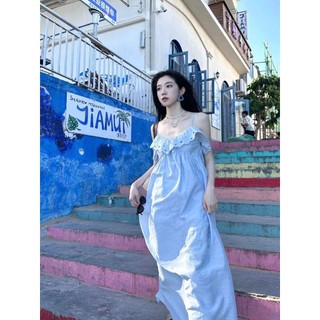 Váy đeo chéo mùa hè dành cho nữ Oeggeo váy hình chữ a thêu rỗng