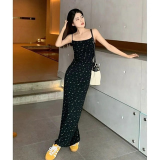 Pháp Nhẹ Nhàng Hoa Đầm ôm Xuân Hè Thanh Lịch Slim-Fit Giảm Béo Nữ Thần Phong Cách Đen Dài Vỏ Treo Đầm