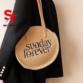 Túi cói tote vải sợi đan nữ đeo vai Sunday Forever phong cách vintage thời trang